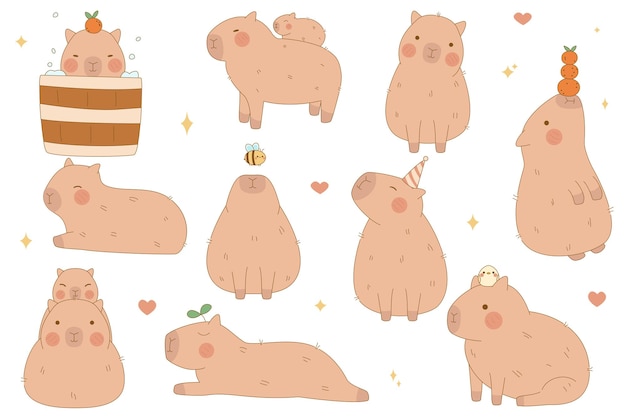 Kawaii capybara set simpatici animali in diverse pose anime capibara isolati su sfondo bianco