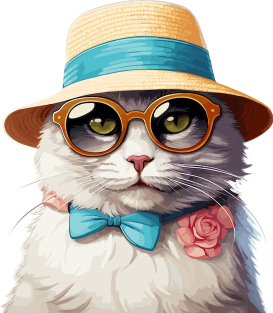 kawaii cartoon cat wearing white summer hat and sunglasses sticker