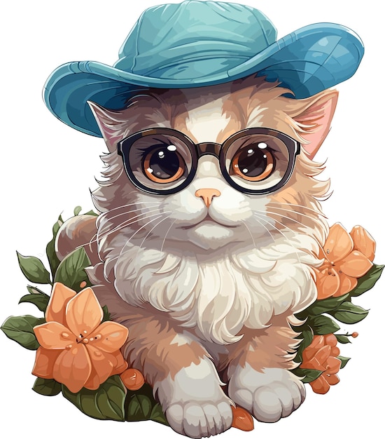 kawaii cartoon cat wearing white summer hat and sunglasses sticker