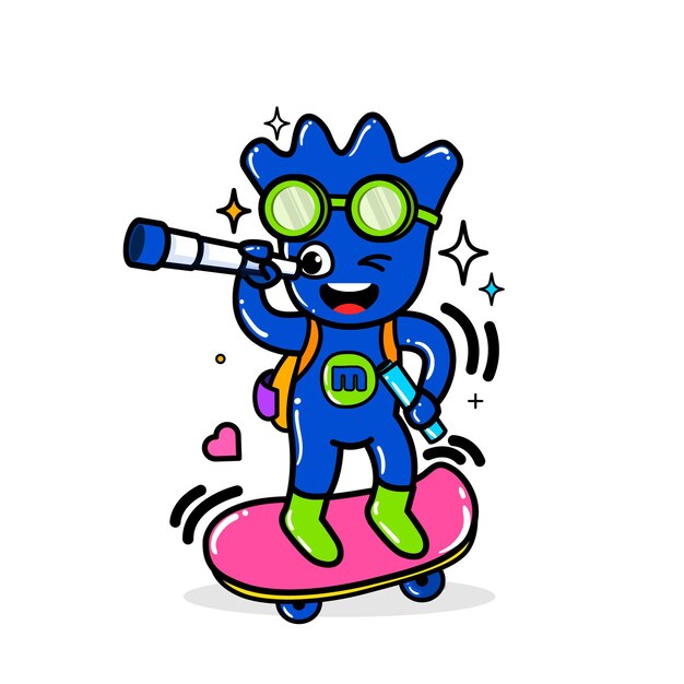 Vector kawaii cartoon character adventure on skateboard