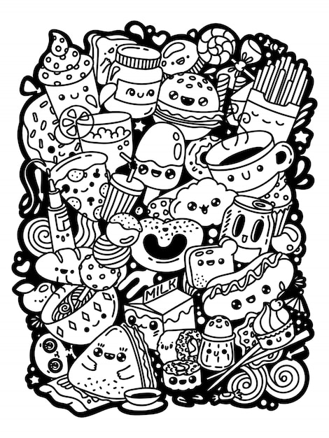 Kawaii cartoon doodle cute characters. delicious food set black and white hand drawn coloring.