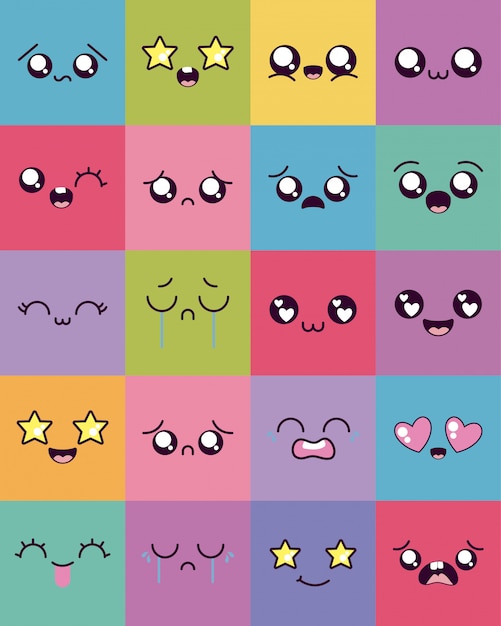 Vector kawaii cartoon face icon set inside frames