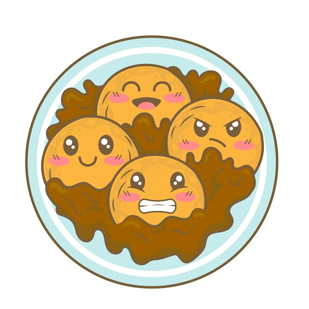 Kawaii cartoon Mexicaans dessert Sopapiillas gebakken pompoen tortilla's met chocoladesaus geïsoleerd op een witte achtergrond