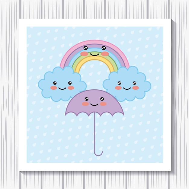 Kawaii cartoon regenboog paraplu wolken stippen achtergrond