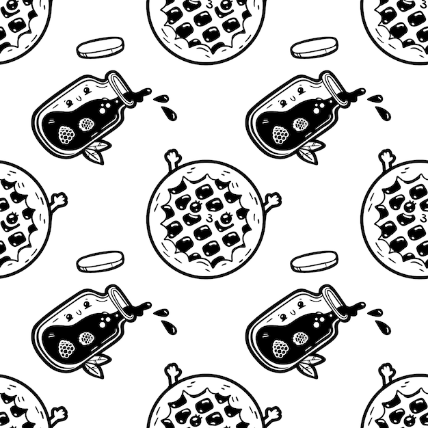 Kawaii cartoon style doodle characters american pie and raspberry jam, funny seamless pattern