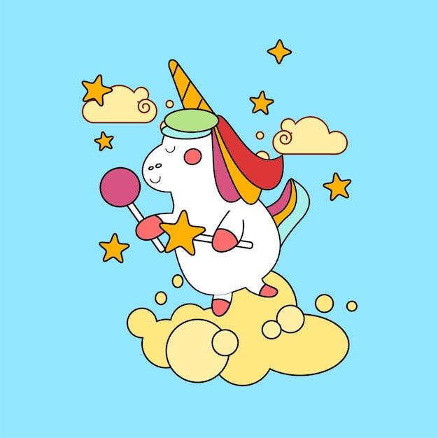 Vettore illustrazione di unicorno del fumetto di kawaii disegnata a mano