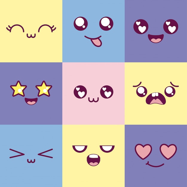 Kawaii cartoons multicolored emoticon set vector design