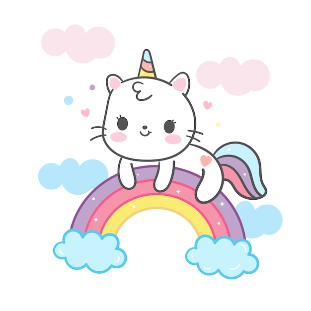 Fumetto del gatto kawaii in unicorno sull'arcobaleno