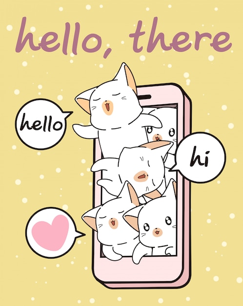 Vettore personaggi di gatti kawaii nel telefono cellulare