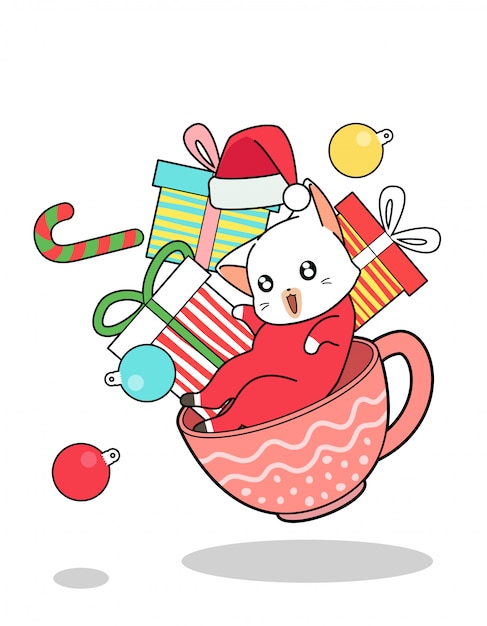 Gatto e regali di kawaii dentro una tazza nel giorno di natale