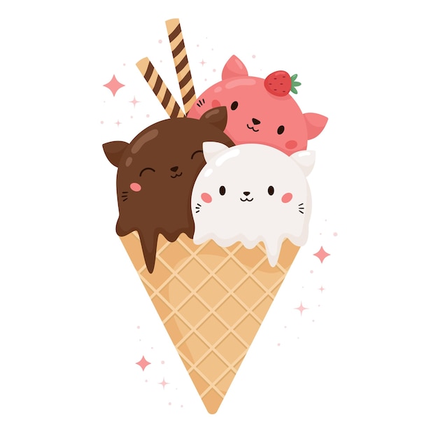 Kawaii cat ice cream with cookies and strawberry