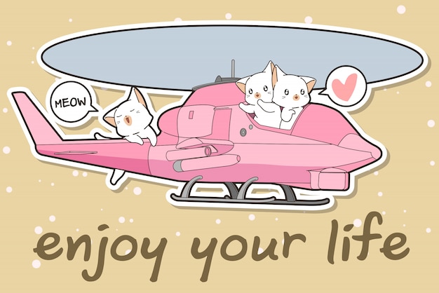 カワイイ猫は友達とヘリコプターを運転しています