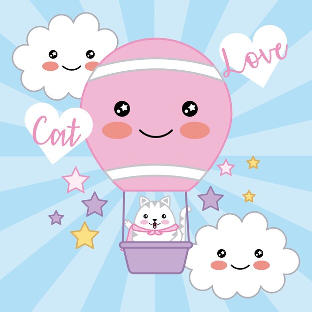 Kawaii cat love air balloon nuvole stelle decorazione