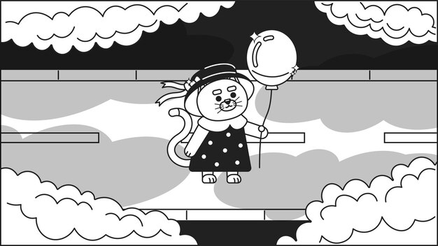 Kawaii cat with balloon watching clouds black and white cute chill lo fi wallpaper Cloud gazing kitten in dress linear 2D vector cartoon character illustration monochrome lofi anime background