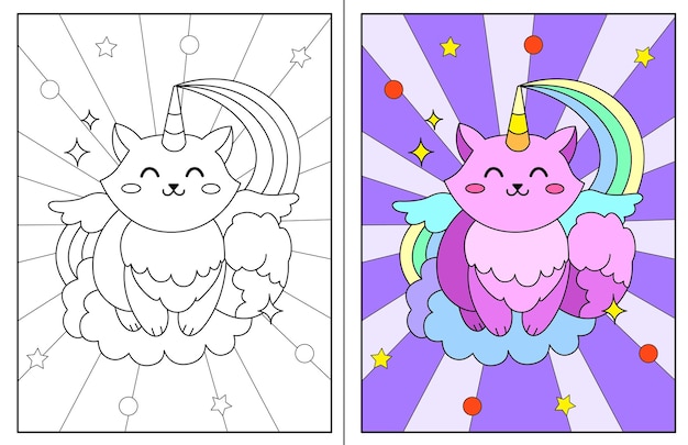 Vettore disegni da colorare di caticorn kawaii