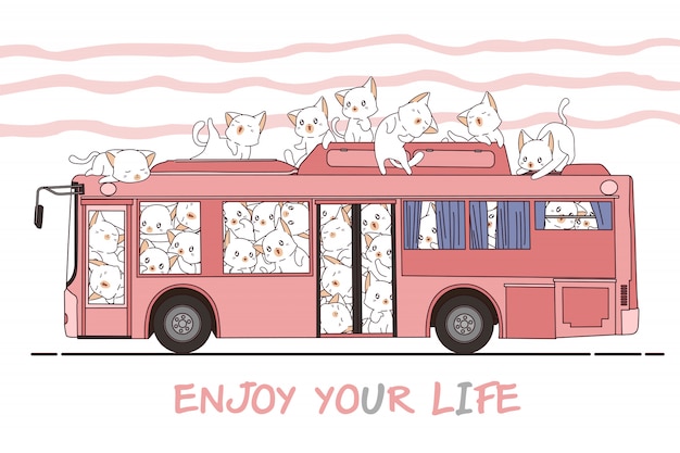 Вектор kawaii кошки и автобус