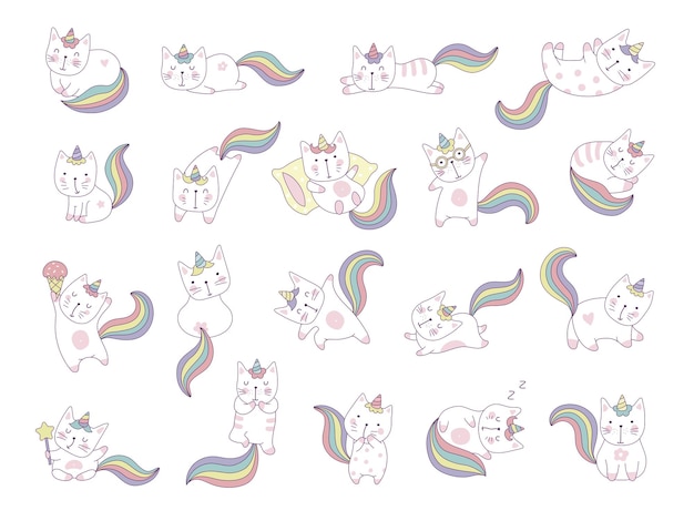 Gatti kawaii animali divertenti e felici unicorni di fantasia in azione pose recente set di illustrazioni vettoriali