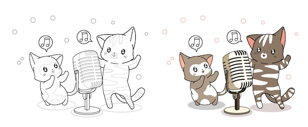 Kawaii cats is singing cartoon coloring page