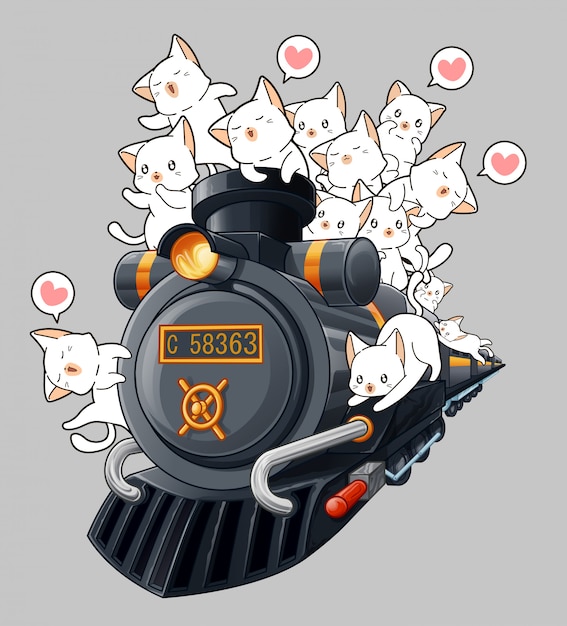 Gatti kawaii sulla locomotiva in stile cartoon.