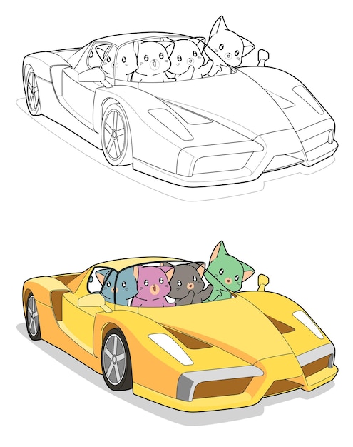 Vector kawaii cats in super car cartoon easily coloring page for kids