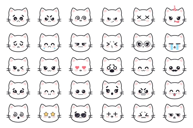 Kawaii cats white kitty head anime avatars with various emotions fear cry anger apathy death joy