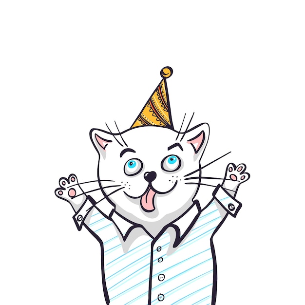 Vettore kawaii un gatto allegro in una camicia e un berretto con le zampe in alto disegno del biglietto d'auguri per il tuo disegno illustrazione vettoriale disegnata a mano stile cartone animato