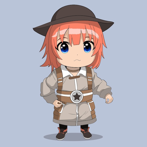 Vettore personaggi kawaii chibi anime boy cartone animato anime con capelli rossi e cappello