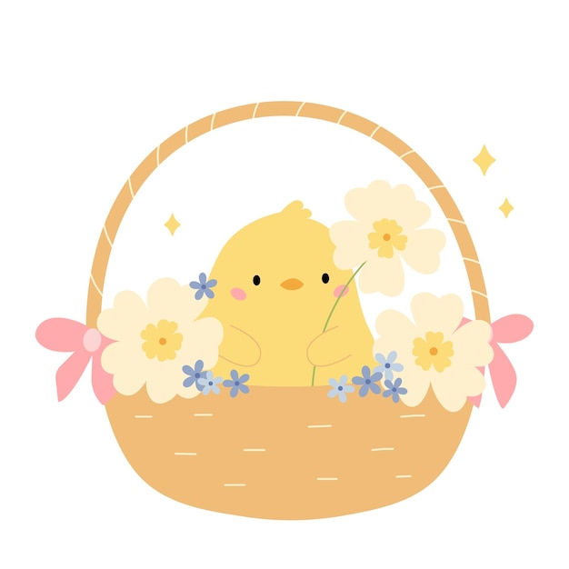 Kawaii chick in the basket with flowers