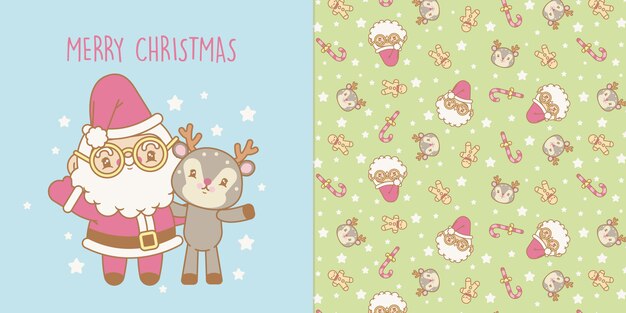 Kawaii christmas card and transparent christmas seamless pattern