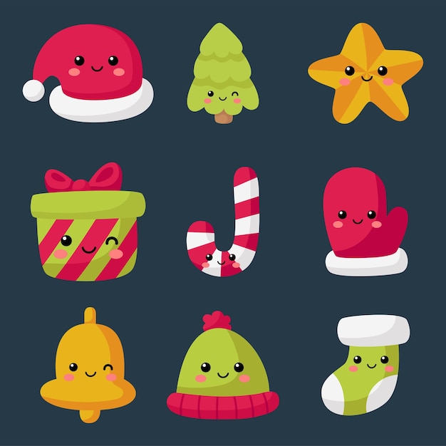 Premium Vector | Kawaii christmas cartoons flat icon set isolated on blue  background