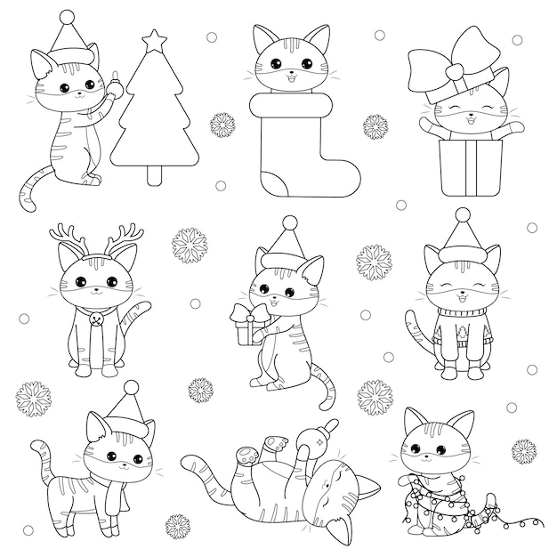 kawaii Christmas cats set