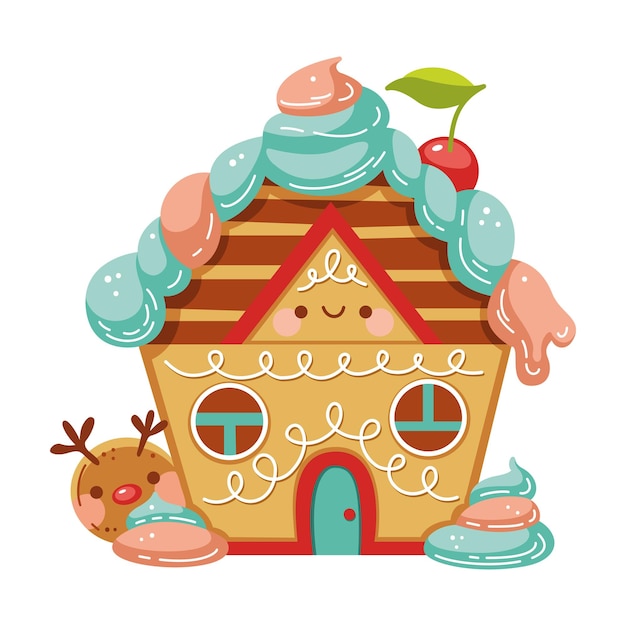Вектор Каваи рождественский пряничный домик мультфильм векторные иллюстрации