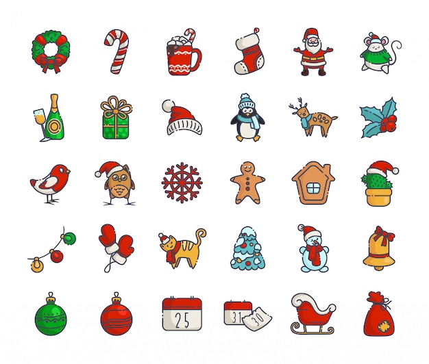 Kawaii christmas iconsnew year outline santa claus, gift box, christmas tree, gingerbread
