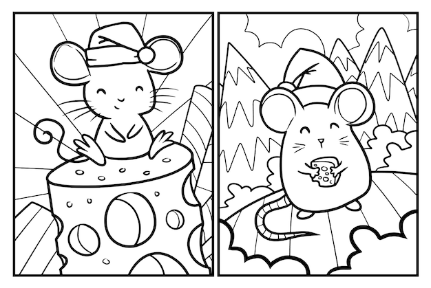 Vector kawaii christmas mouse cartoon coloring pages
