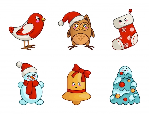 Kawaii christmas set for new year decoration, cute sock, stocking, bell with bow, owl, bird, snowman, christmas tree with snow and balls - isolated objects vector