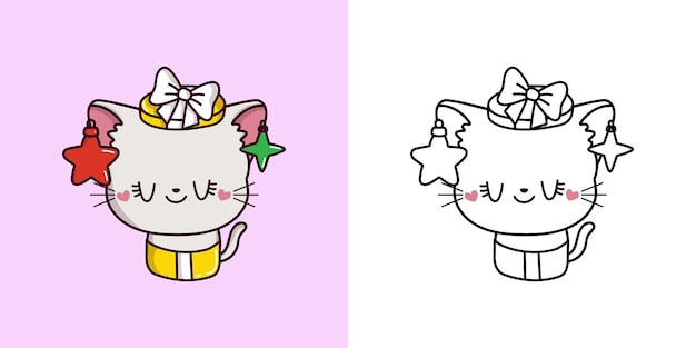 Кавайный клипарт рождественская иллюстрация белого кота и для раскраски смешной кавайный рождественский котенок