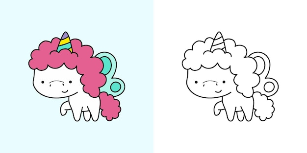 Kawaii Clipart Eenhoorn Illustratie en voor de kleurplaat. Grappige Kawaii Eenhoorn.