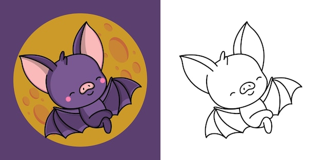 Kawaii 클립 아트 Flittermouse 그림 및 색칠 공부 페이지. 웃긴 카와이 박쥐.