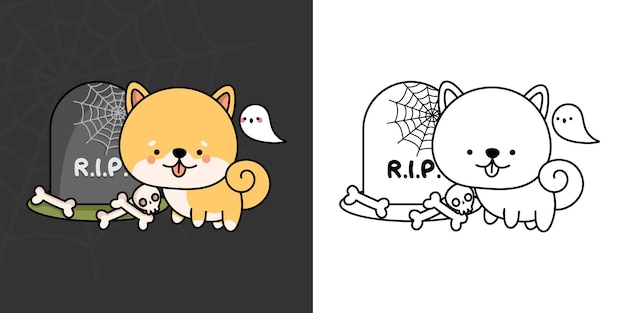 Kawaii Clipart Halloween Dog Illustration and For Coloring Page. Funny Kawaii Halloween Shiba Inu.