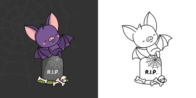 Kawaii Clipart Halloween Flittermouse Illustration and For Coloring Page. Funny Kawaii Halloween Bat