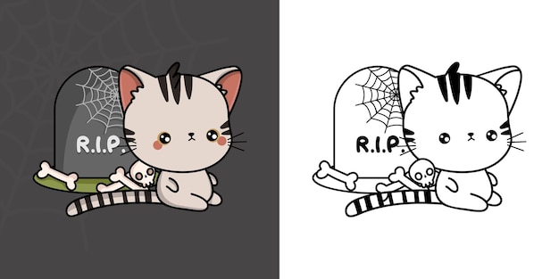 Kawaii Clipart Halloween kat illustratie en kleurplaat. Grappige Halloween Amerikaanse korthaar kat.