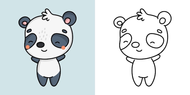 Kawaii Clipart Panda Illustration и для раскраски страницы. Забавный кавайный медведь панда.