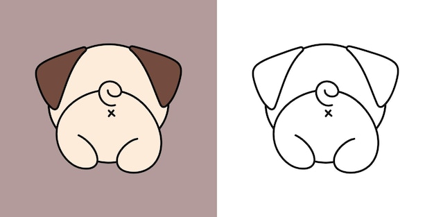 Kawaii Clipart Pug Dog Illustration и для страницы раскраски. Забавный кавайный мопс.