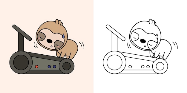 Kawaii Clipart Sloth Sportsman Illustration and For Coloring Page. Забавный спортсмен Kawaii Animal.