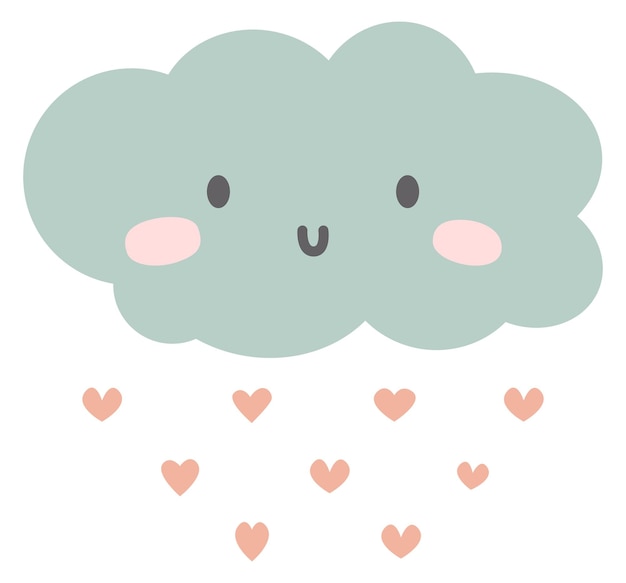 Vector kawaii cloud with falling hearts lovely nursery decoration isolated on white background