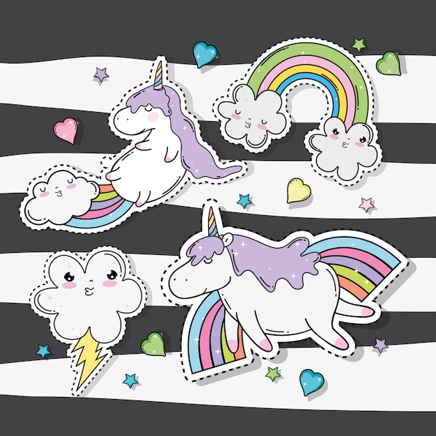 Kawaii clouds with rainbow and thunder with unicorn