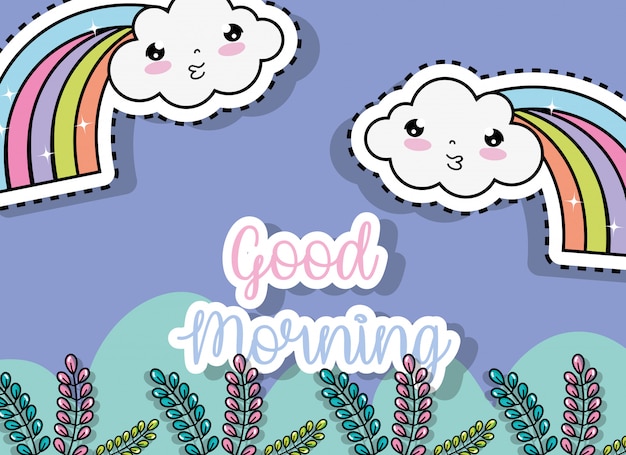 Kawaii clouds with rainbows sticker and plants leaves