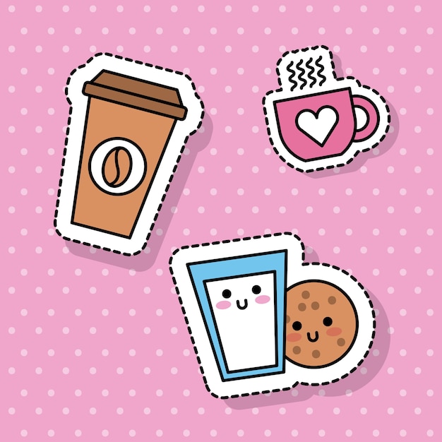 Vector kawaii coffee cup milk cookie breakfast