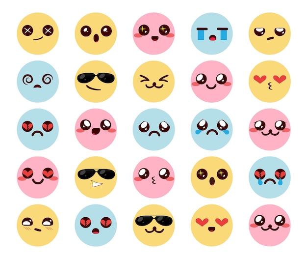 Kawaii colorful emoticons vector set Emoji chibi emoticon cute characters with expressions of happy