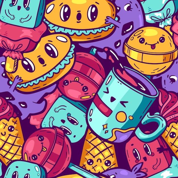 Kawaii colorful food seamless pattern Cartoon style doodle characters Emotional faces candy shop